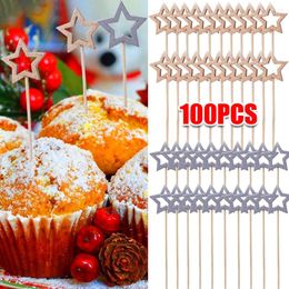 Forks 100/50PCS Christmas Fruit Sticks Disposable Bamboo Pentagram Cake Dessert Insert Wedding Xmas Party Decor Supplies