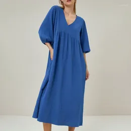 Home Clothing Europe And America Cross Border Solid Crepe Cotton PajamasVCollar Three-Quarter Sleeve Nightdress Skin-Friendly Breathable