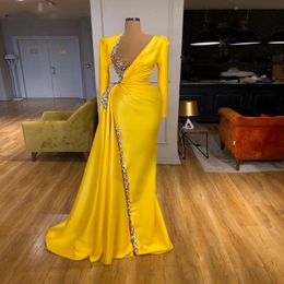 Yellow Mermaid Formal Prom Dresses Long Sleeves Shiny Crystals Beaded V Neck Evening Dress Party Gowns Full Length 280P