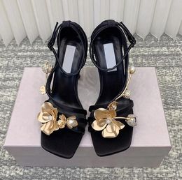 New Metal flowers satin Stiletto Heel sandal ankle strap Orchid Flower decoration series sandals pearl Luxury designer women's Party Dress shoes Size 35-40 with box 01