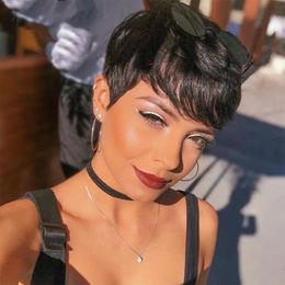 Human Hair Short Pixie Cut Wigs for Black Women Human Hair Glueless pixie Wig Layered None Lace Front Wig with Bangs Natural Straight Full Machine Made Wig 1B Colour