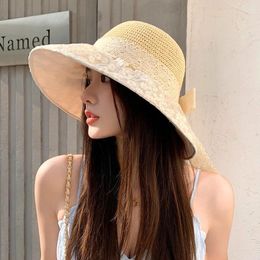 Wide Brim Hats 1PC Elegant Women Flower Lace Sunscreen Bucket Hat Bow Decoration Straw Sun Ribbon Summer Beach Large