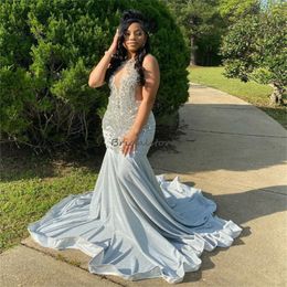 Elegant Aso Ebi Plus Size Silver Prom Dresses For Black Women Diamond Crystal Mermaid Evening Dress 2024 O Neck Glitter Sixteen Formal Dress African Vestidos Fiesta