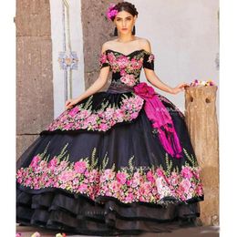 Black Lace Embroidered Ball Gown Quinceanera Dresses Off The Shoulder eaded Tiered Sweet 16 Dress Organza Prom Party Gowns 227C