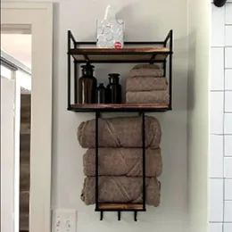 Storage Boxes Wall Mounted Towel Rack Organiser Bathrooms With Hooks And Shelf Rust-Resistant Metal Wood Bathroom Solution Ideal