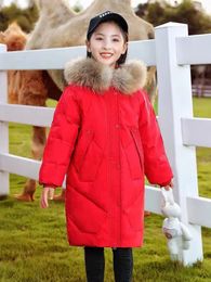 Down Coat Winter Girls' Cotton-padded Children Medium Long Thick Cotton Big Hair Collar Hooded