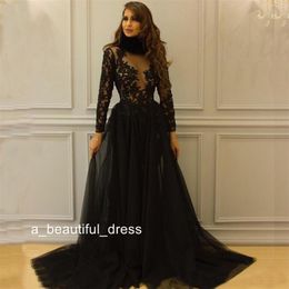 Prom Dresses Black Lace Appliques Long Transparent Sleeve Tulle Floor Length Sheer Evening Dresses Gowns PD5559 297D
