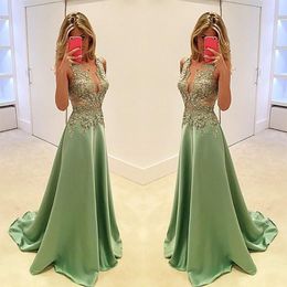 Prom Dresses Plunging V Neck Olive Green Satin Lace Appliques Beaded Illusion Long Evening Gowns Wear Plus Size Formal Party Dress ED13 280t
