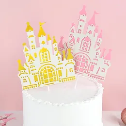 Party Supplies Castle Cake Topper Happy Birthday Pink Yellow Flag Decoration For Wedding Festival Baby Shower Dessert Decor