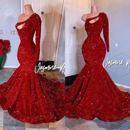 2022 Red Sparkling One Shoulder Sequins Mermaid Long Prom Dresses Long Sleeve Ruched Evening Gown Plus Size Formal Party Wear Gowns 260w