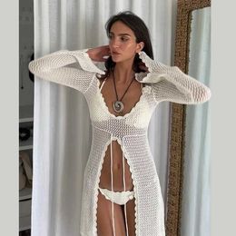 Two Piece Dress White Knitted Cover-Ups Top Women Fashion Hollow Out Lace Up Bikini Cover Summer Sexy See Through Long Sleeve Tops 2024 Q240511