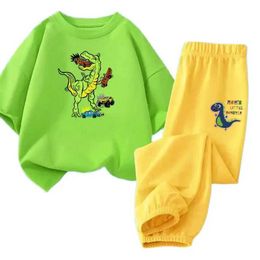 Clothing Sets Handsome boy summer short sleeved Dino set 2-piece childrens summer clothing set boy cotton T-shirt+anti Mould pants setL2405L2405