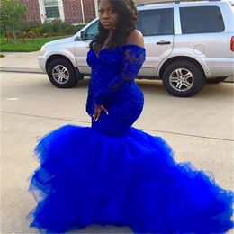 Plus Size Royal Blue Mermaid Prom Dresses Long Sleeve Black girl Lace Tutu Evening Dresses African Lady formal Evening Gowns SD3380 268F