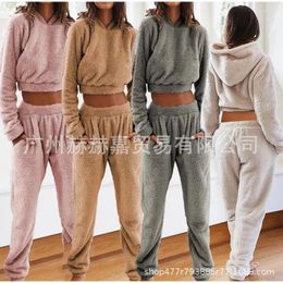 Home Clothing Womens Hooded Top Cashmere Set Winter Two-piece Pajamas Loungewear Women