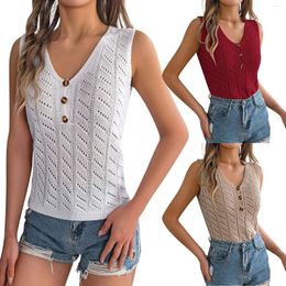 Women's Tanks Fashion Casual Tank Top V-neck Solid Colour Hollow Button Sleeveless Sweater Skin Friendly Vacation Ropa De Mujer