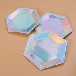 Disposable Cups Straws 8pcs Iridescent Tableware Party Paper Plates For Baby Shower Birthday (8 Inches Hexagon