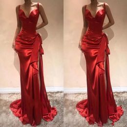 Elegant Red Long Evening Dresses 2021 Sweetheart Mermaid Formal Prom Dress With Slit Sweep Train Zipper Side Split Evening Gowns Satin 2354