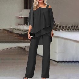 New Women Asymmetrical Hem Top Pant Suit Fashionable Solid Color Pullover Trouser Jumpsuits Soft Loose Fit Ladies Casual Wear