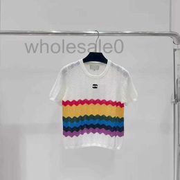 Women's T-Shirt designer Dopamine Wearing Striped Thin Hollow Sky Silk Knitted T-shirt for 2024 New Summer Unique Short sleeved Top 75R2