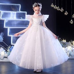 Classy Long white Flower Girl Dresses 2024 Jewel Neck with Lace Applique Ball Gown Floor Length Custom Made for Wedding Party Long Toddler Birthday Party Prom Gowns