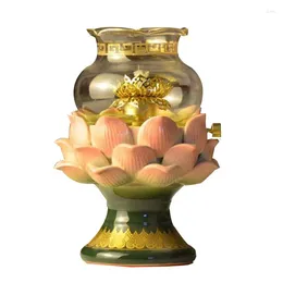Candle Holders Crystal Lotus Lamp Buddha Buddhist Supplies Tibetan Temple Home Decoration Smokeless Butter Retro Pophore B