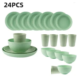 Plates 16/24Pcs Mint Green Wheat Straw Tablewar Sets Bowl Saucers Plate Portable Picnic Cutlery Dinnerware Camping Dishes Full
