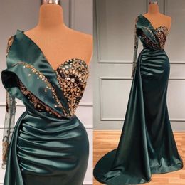 Hunter Green Evening Dresses Mermaid Dubai Plus Size One Shoulder Long Sleeves Crystals Beaded Satin Custom Made Prom Party Gown Formal 253F