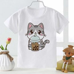 T-shirts Kawaii Cat Milk Tea Printed Kids Cotton T Shirt Super Cute Cartoon Fashion Trend T-shirt Girl Boy Casual Baby Cotton Clothes T240509