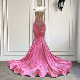 Luxury Long Prom Dresses 2022 Sexy Mermaid Sparkly Pink Sequin Black Girls Crystals Evening Formal Gala Party Gowns Robe De Soiree Vest 241y