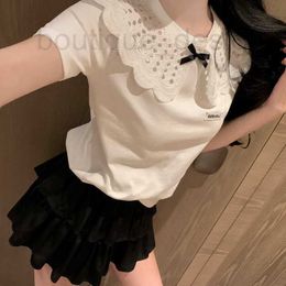 Women's T-Shirt designer brand Exquisite Temperament Lace Top, Stylish Front Shoulder Short Sleeved T-shirt, Doll Neck Loose, Summer 2024 New Trend I6X0