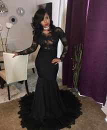 Sexy African Black Prom Dresses Mermaid Applique 2020 Long Sleeve Sheer Party Evening Gowns Robe De Soiree Celebrity Special Occas5552548
