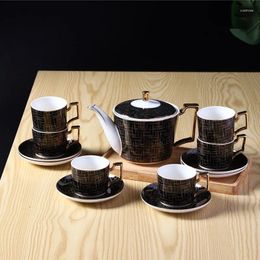 Teaware Sets Black Colour Gold Trim Bone China Nordic Teapot Set Ceramic Coffee Cup 15pcs Coffeeware With Saucer Milk Pot Giftbox