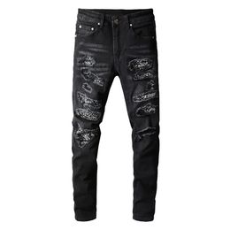 Mens Bandanna Paisley print patch work elastic jeans street clothing black denim pencil pants ultra-thin tear Trousers 240508