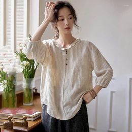 Women's Blouses Cotton Linen Shirts For Women Vintage Striped Doll Collar Loose Long Sleeve Casual Korean Fashion One-piece Blouse Tops