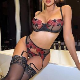 Bras Sets Women'S Fun Underwear Steel Bracelet Embroidered Rose Mesh Sling Socks Three Piece Set Intimates Erotic Costumes