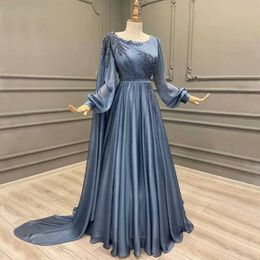 Runway Dresses Dust Blue A Line Muslim Beading Evening Dresses Bateau Neck Long Sleeves Prom Gowns Sweep Train Chiffon Pleated Formal Dress