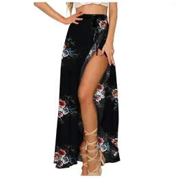 Skirts For Women Plus Size Outfits Bohemian Lace Up Floral Print Flowy Long Skirt Female Loose Split Boho Faldas