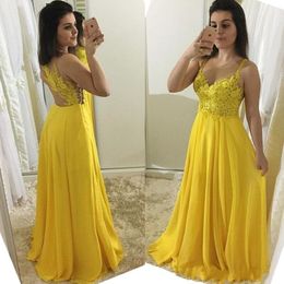 Yellow Chiffon Prom Dresses 2020 Newest Spaghetti Straps Illusion Back Lace Applique Floor Length Custom Made Evening Gown Formal Wear 230g