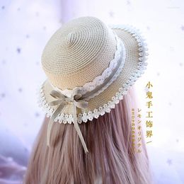 Party Supplies Lolita Daily Lace Plaid Straw Hat Sweet Japanese Dress Mori Pastoral Soft Girl Flat Top Adult Dome Solid Unisex Travel