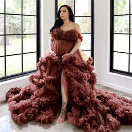 2024 Prom Dresses African Maternity Robes for Photo Shoot or baby shower Ruffles Tiered Tulle Off Shoulder Chic Women Photography Robe Party Dress Chocolate 0513