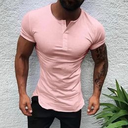 Men's Suits B1772 Stylish Solid Colour Tee Tops Men T Shirt Short Sleeve Bodybuilding Tees Male Clothes Fitness Fashion Round Neck Casual