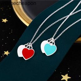 Tiffanncy High End jewelry necklaces for womens Enamel Necklace Women Double Love Blue Pink Red Heart Shaped Collar Chain Women Light Luxury Pendant Silver Original