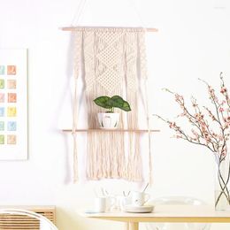 Decorative Plates Home Decoration Macrame Rope Tapestry Rack Wooden Shelf Floating Plant Hanging Wall Shelves Crafts