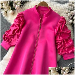 Womens Blouses Shirts Vestidos De Mujer Elegant Stand Neck Pleated Puff Long Sleeve Robe Femme Solid Colour Zipper Loose Casual Dresses Dh2Vr