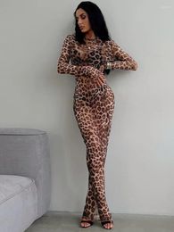 Casual Dresses Woman Clothing Long Sleeve See-through Mesh Dress Sexy 2024 Summer Female O-neck Leopard Print Slim Beach Holiday