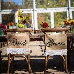 Party Decoration Chair Sign Khaki Groom Bride Burlap Lace Banner Garland Rustic Wedding Decor Jute Hessian Pography Props DIY Materials