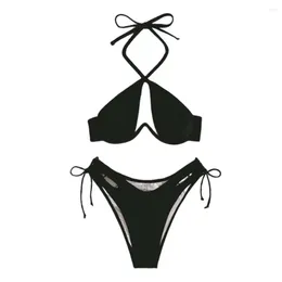 Women's Swimwear Sexy Bikini Set Halter Bra High Waist Swim Briefs Summer With Lace-up For Quick