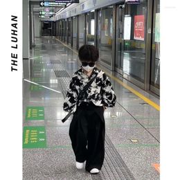 Clothing Sets 4-14Y Teenage Boy Shirt Outfit Fashion Kids Spring And Autumn Korean Ink Painting Wide-leg Suit Pants Set