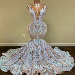 Long Shiny Mermaid Lace Evening Dresses 2021 Women Formal Prom Gowns Dress Vestidos De Fiesta 247V