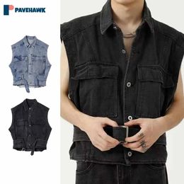 American Cargo Denim Vest Men Hip Hop Retro Multi Pocket Loose Sleeveless Vests Jacket Male Japanese Washed Lape Coat Summer 240426